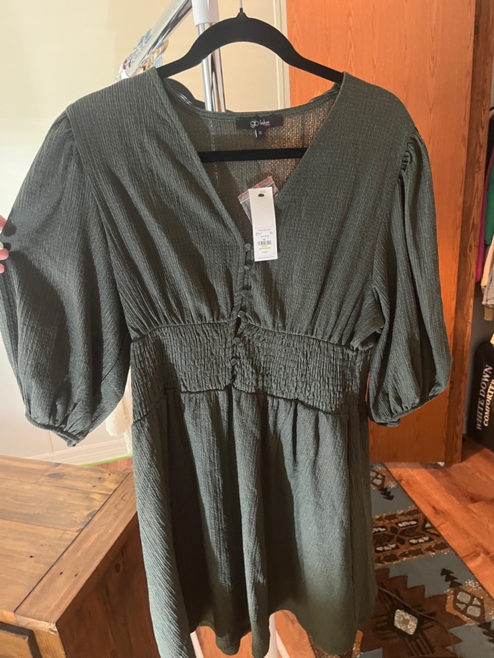 Francesca's Collections Olive Green V-Neck Smocked Mini Dress